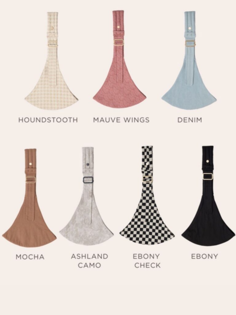 Mabe Monarch Toddler Sling available colors including Houndstooth, Mauve Wings, Denim, Mocha, Ashland Camo, Ebony Check, and Ebony