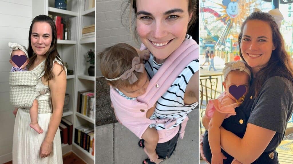 Three photos of mom wearing the Mabe Monarch Carrier in different colors — houndstooth, pink, and black — showing the front inward-facing carry position