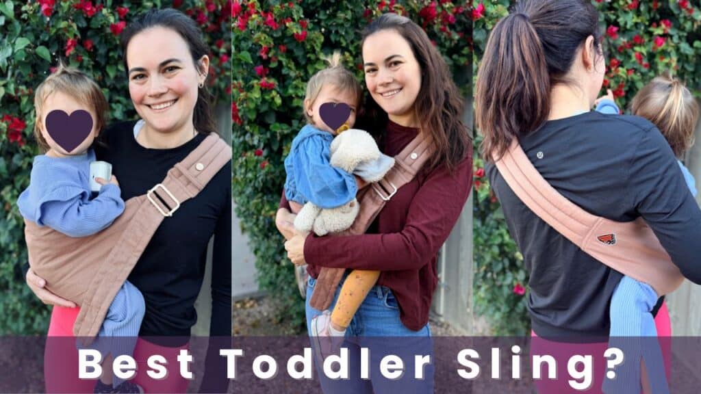 Three photos showing the Mabe Monarch Toddler Sling in use — front hip carry, front hold, and back view of the shoulder strap