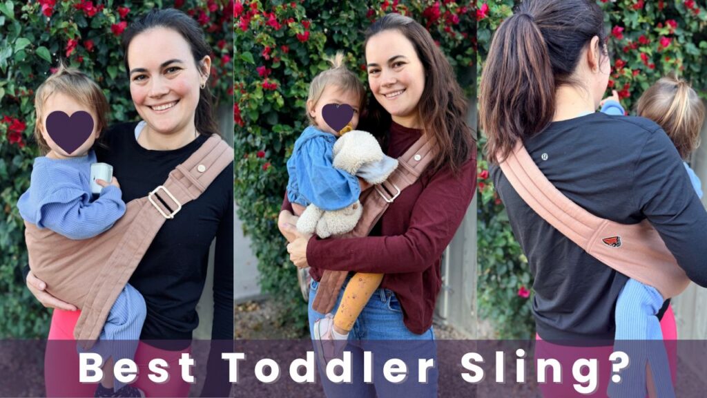 Mabe Monarch Toddler Sling review showing three views of the sling being worn with a toddler on the hip