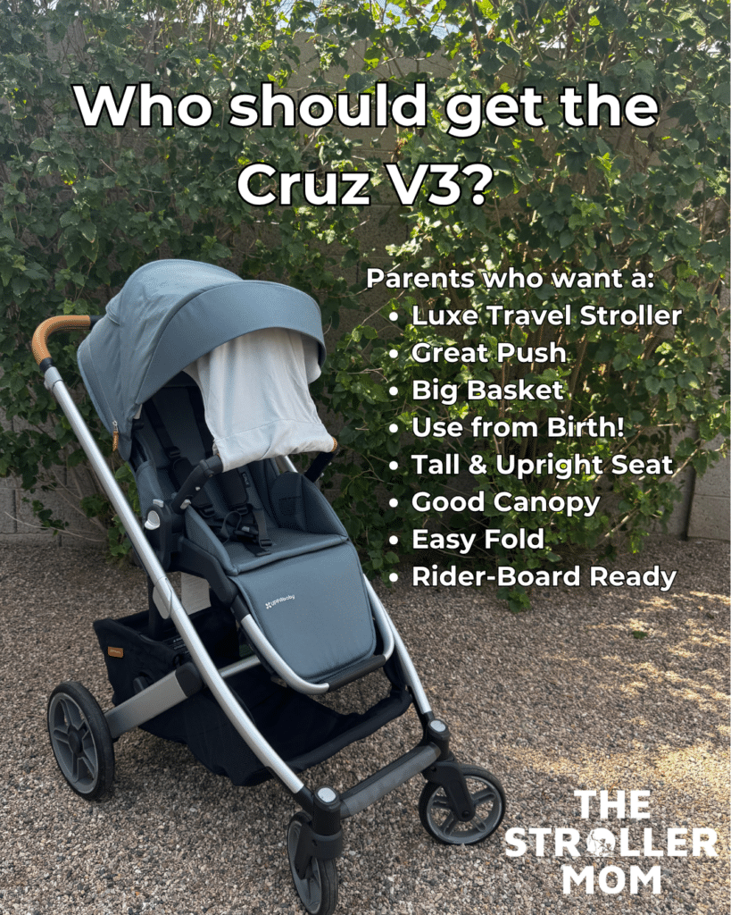 UPPAbaby Cruz V3 in blue with canopy extended and text overlay listing key features for recommended buyers