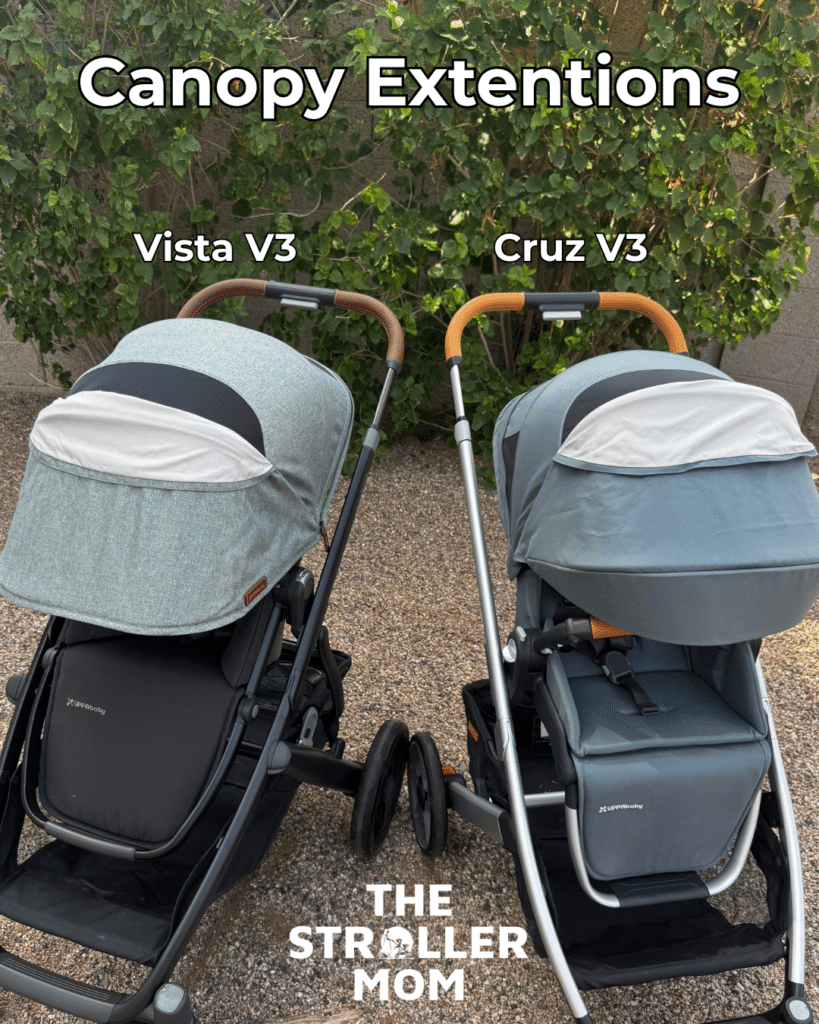 Vista V3 and Cruz V3 front view with canopy extensions fully deployed showing UPF 50+ coverage