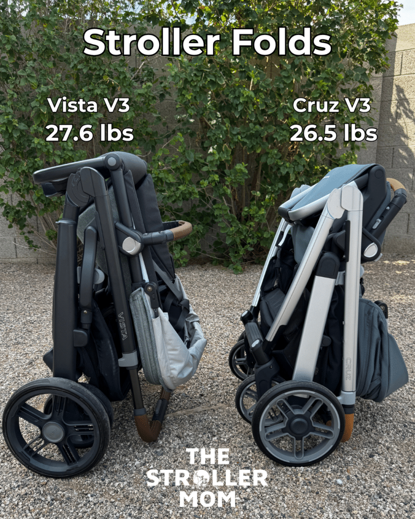 Vista V3 and Cruz V3 folded side by side showing weight comparison