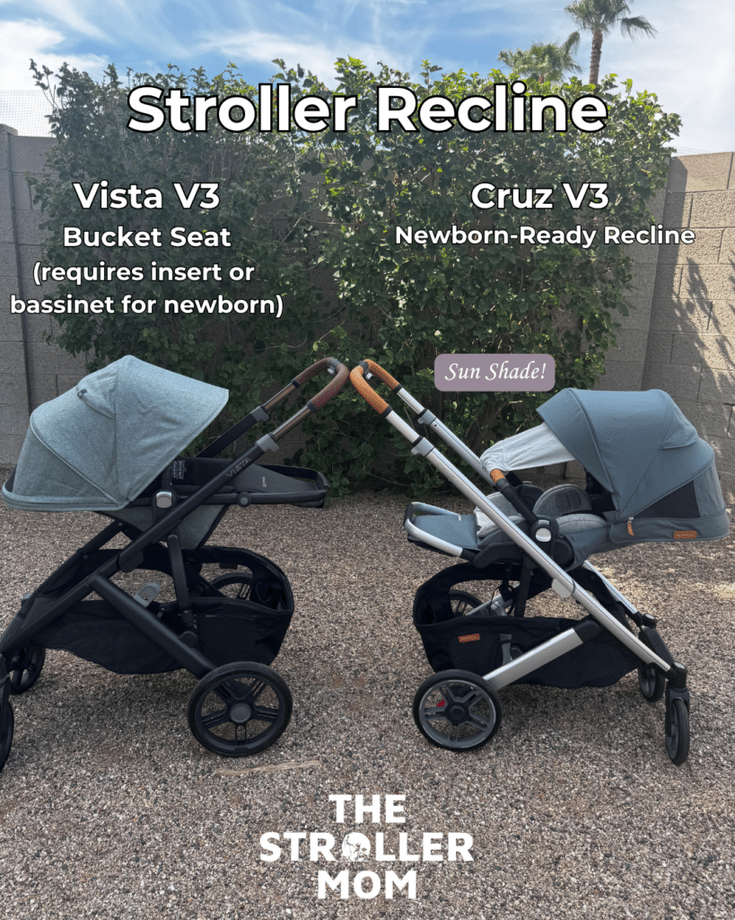 Vista V3 and Cruz V3 side by side in reclined positions showing bucket seat versus newborn-ready flat recline with sun shade drape