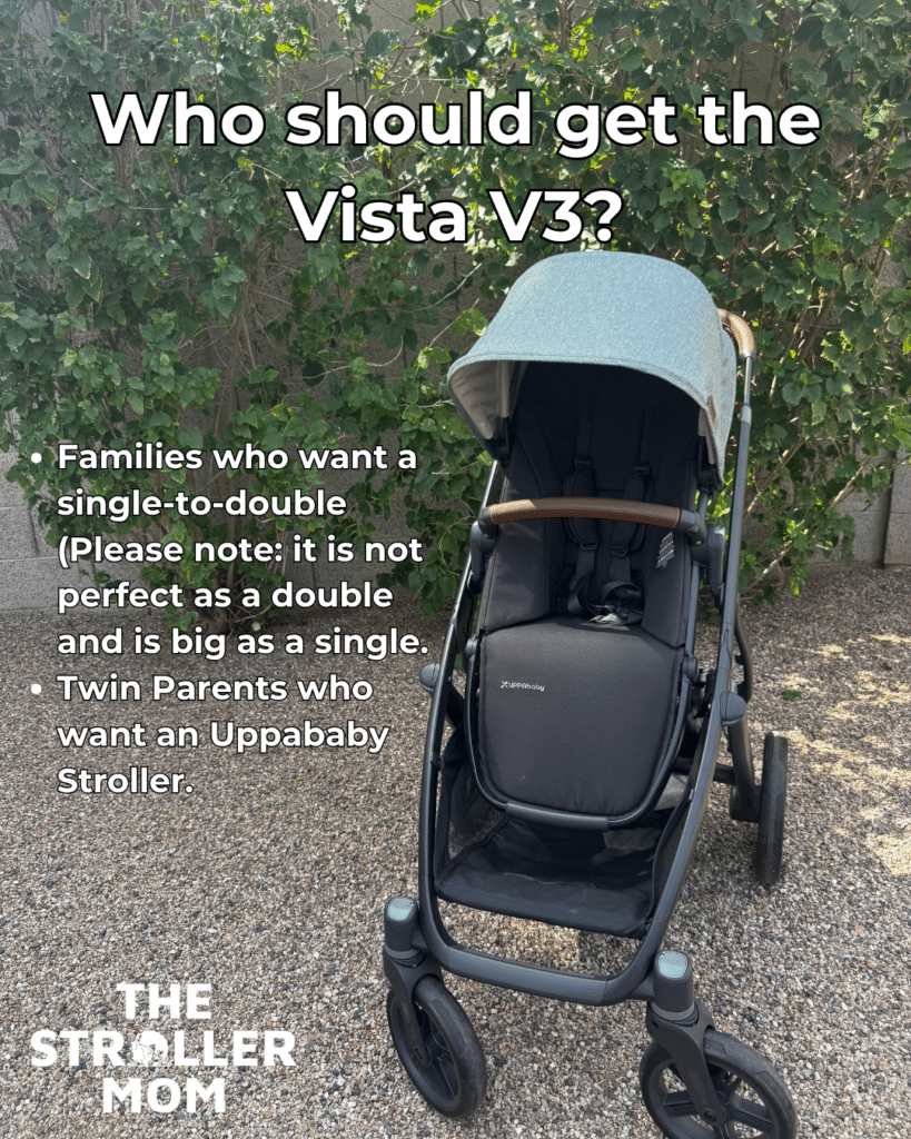 UPPAbaby Vista V3 in green front view with text overlay listing recommended buyers including single-to-double and twin families