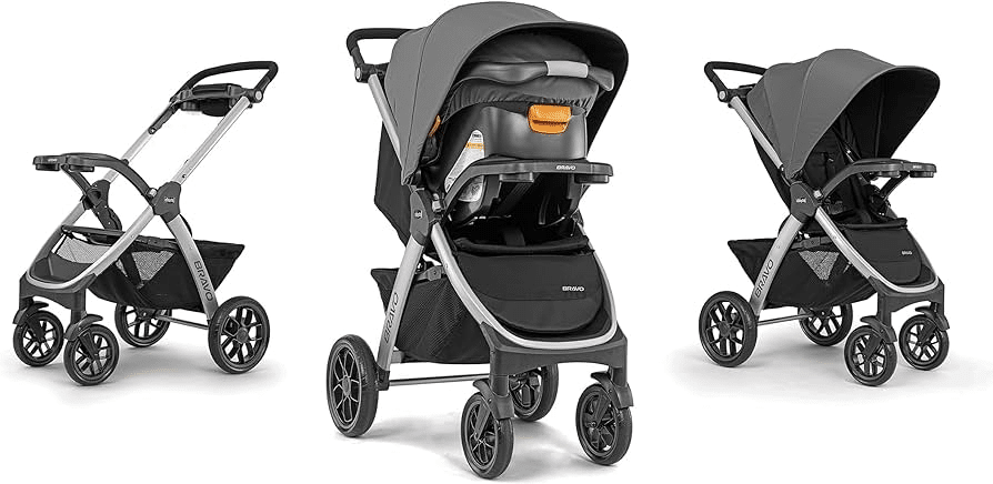 Chicco Bravo Quick-Fold Stroller shown in three modes: frame mode, car seat mode, and toddler stroller mode
