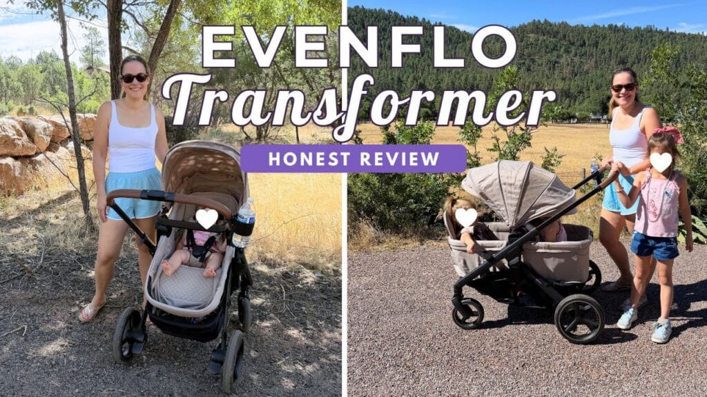 Evenflo Transformer stroller review cover showing a mom pushing it in stroller mode and in wagon mode