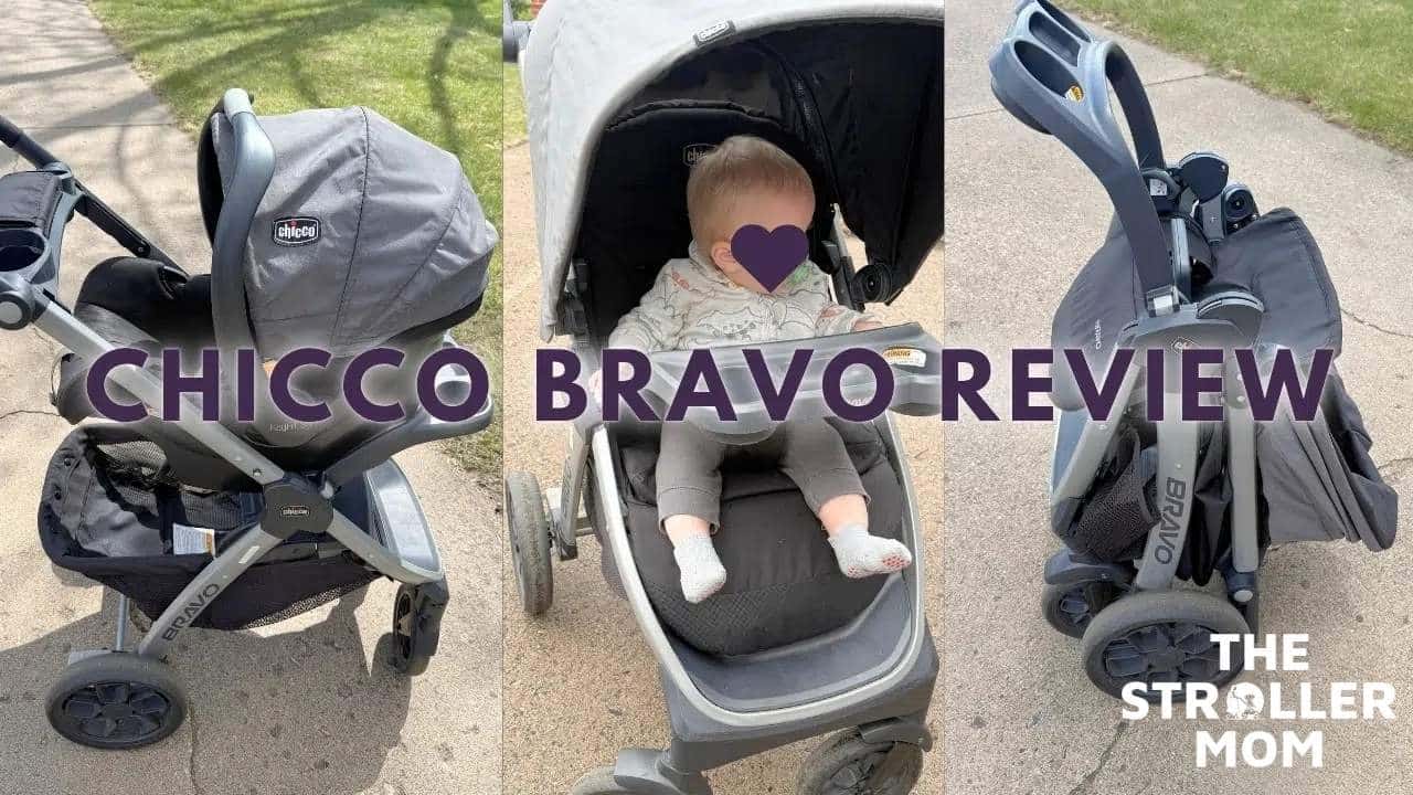 Chicco Bravo review showing car seat, toddler and folded modes with the child's face covered