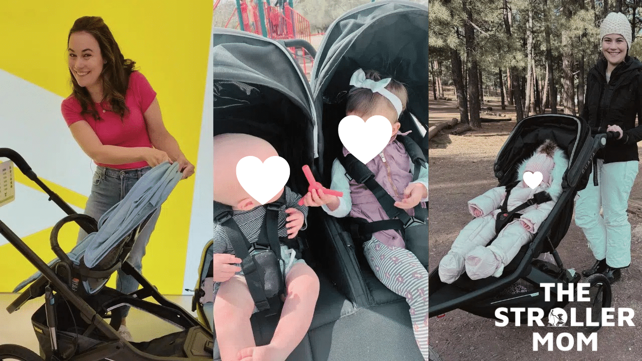 The Stroller Mom testing jogging strollers, with children's faces covered